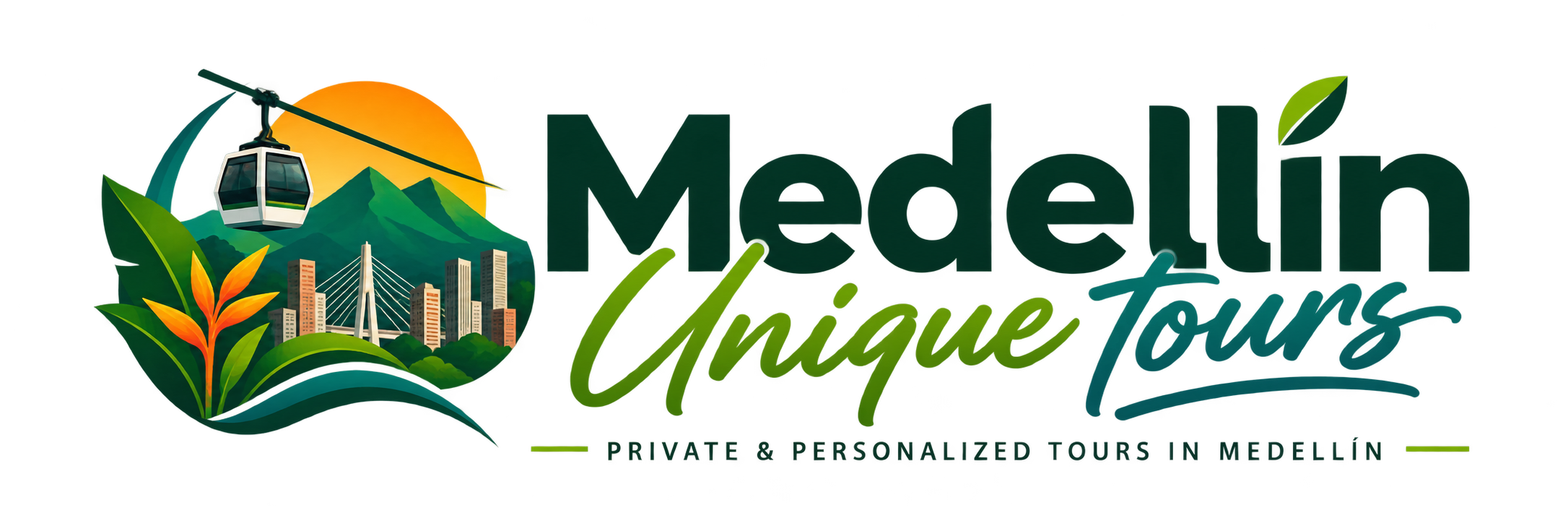 Medellín Unique Tours logo featuring Medellín mountains, Metrocable, city skyline, and tropical elements